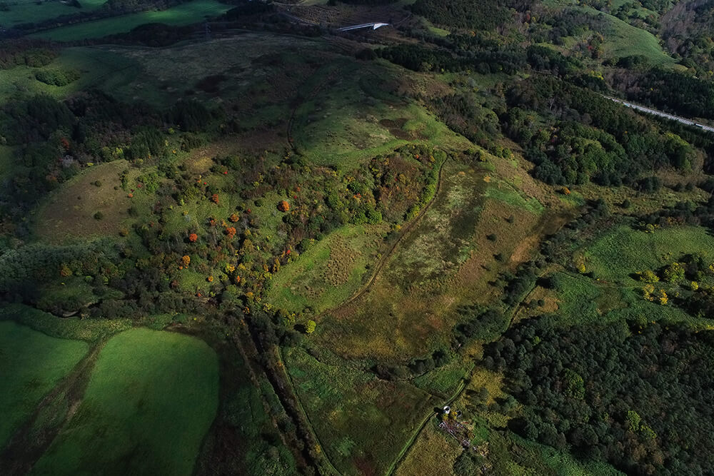 An aerial view of ranches and pastures