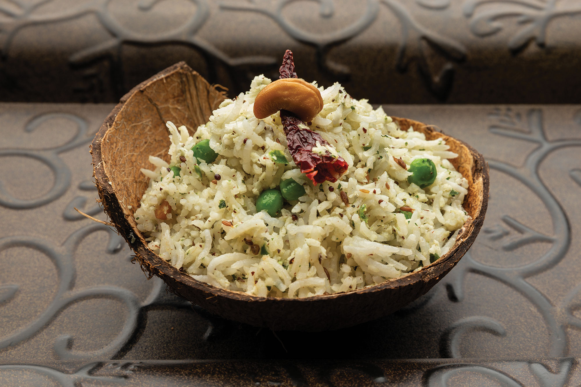 Finished bowl of mint-infused coconut rice